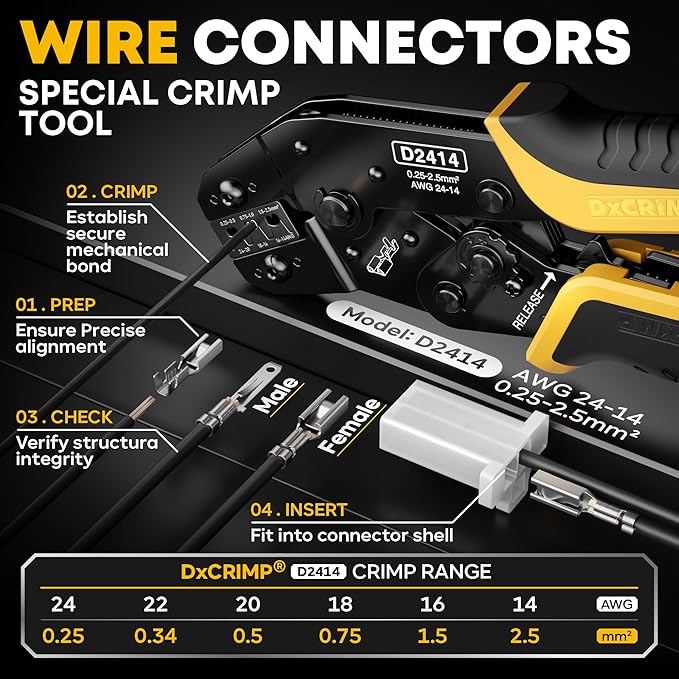 Automotive Electrical Wire Connectors Crimping Tool Kit, 2.8mm 2 3 4 6 9 Pin Connector, AWG 24–14 Ratchet Crimping Tool with Extractor, for Car, Motorcycle, Boat, Trailer Wire Harness Repairs
