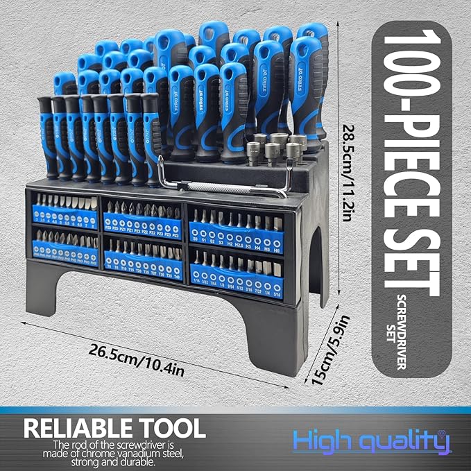 100-Piece Screwdriver Set with Storage Rack, Includes Slotted, Phillips, T-shaped, Z-shaped, Hex, Torx, Square, Precision, Ratchet Screwdriver or Bits, Nut Drivers, Ideal for Household Repair (Blue)