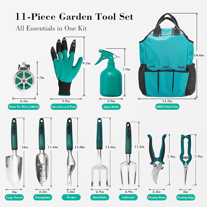 Garden Tool Set, Gardening Gifts for Women, Men, Mom, Dad, 11-Piece Heavy-Duty Aluminum Hand Tools Set with Tote Bag, Ergonomic Handles, Rust-Proof Starter Garden Kits, Gardening Essentials & Supplies