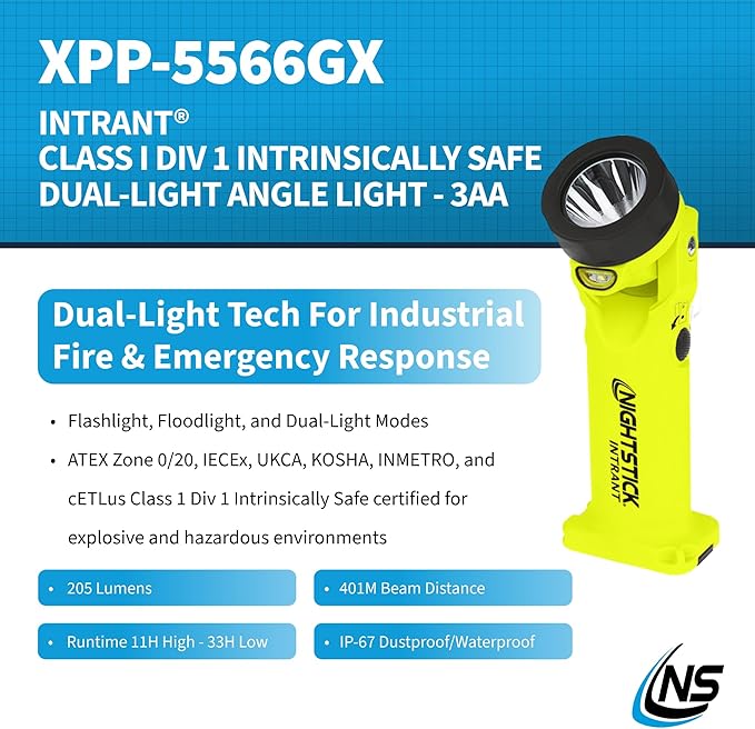 Nightstick XPP-5566GX Intrant Intrinsically Safe Dual Angle Light - 3 in 1 Flashlight, Floodlight, Dual-Light - 8 Brightness Modes - Green