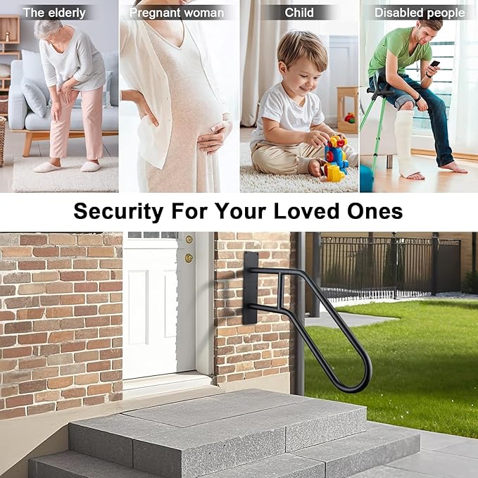 U-Shaped Safety Handrail for Stairs 1-3 Steps, Wall Mounted Handrails Indoor/Outdoor - 530lbs Load, Anti-Slip & Rust-Proof, Elderly & Disabled Assist at Porch, Deck, Bathroom-2pack