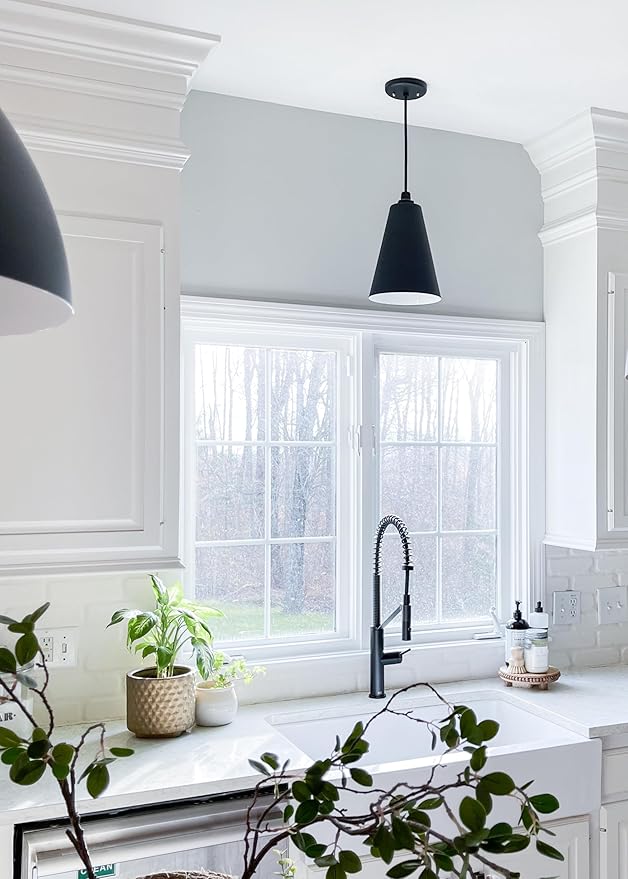 Steel Lighting Co. Laurel Pendant Light | Ceiling Mounted | 8.5 inch Cone Shade | Modern Contemporary Farmhouse Style Made in America | Gray Tweed Cloth Cord | Navy Blue Exterior/Brass Interior