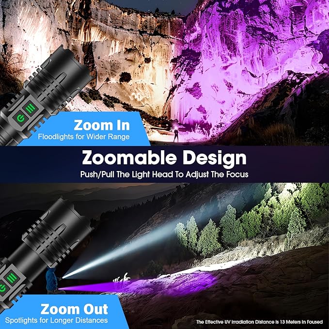 UV Blacklight&High Lumens Flashlight Rechargeable, Powerful Blacklight Flashlights for Pet Urine Detection, Resin Curing, Scorpion, Zoomable Waterproof Tactical LED Flashlight for Camping, Emgergency