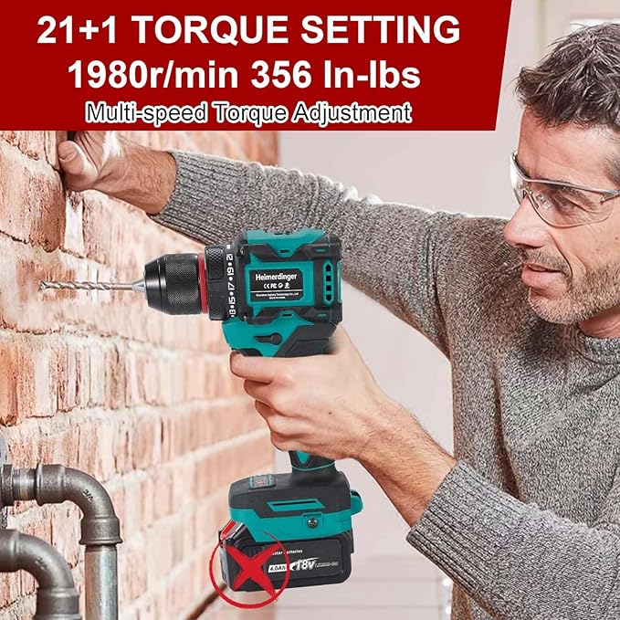 354 In-lbs Cordless Drill Driver for Makita 18V Battery, 3/8" Keyless Chuck, 21+1 Torque Settings, 1980 RPM, LED Light