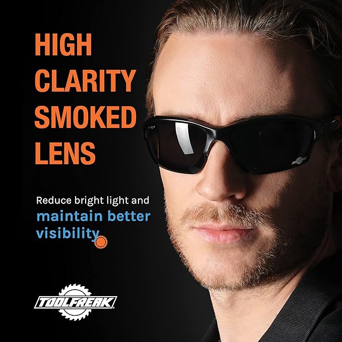 ToolFreak Spoggles - Tinted Lens With Pouch - Safety Glasses & Protective Goggles - Polycarbonate Lens, ANSI Z87 Rated & UV Protection - Foam Padded, Removable Legs, Headstrap & Pouch