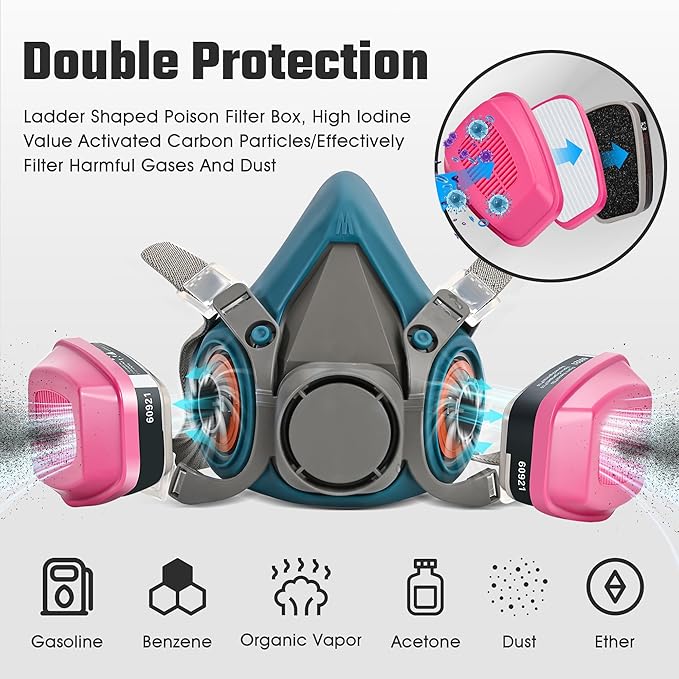 Reusable Half Facepiece Respirator Mask - Gas Masks with 2 Pieces 60921 Filters for Organic Vapor Protection Chemicals Spray Welding Epoxy Resin Dust 6200 Blue