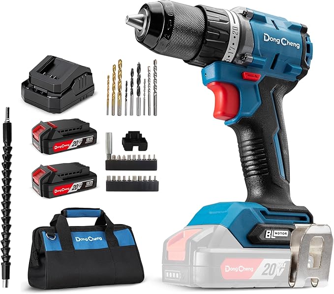 Dong Cheng 20V Brushless Heavy-duty Impact Drill, 531in-lbs, 1/2" Keyless Metal Chuck, 20+1+1 Clutch, Cordless Hammer Drill with 2 * 2.0Ah Battery Kit for Drilling Brick Wall, Metal, Wood