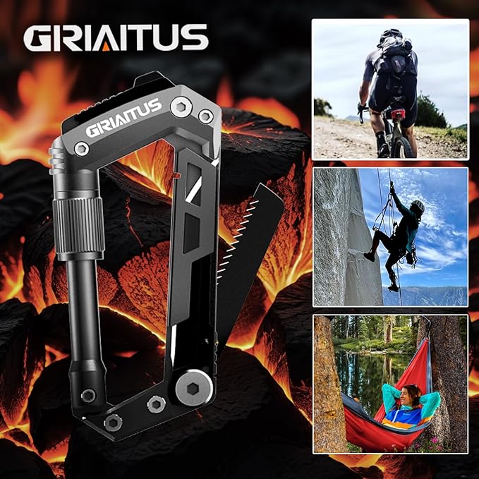 Carabiner Multitool with Pocket Knives, 8-in-1 EDC Carabiners, Serrated Knife, Rope Cutter, Screwdriver, Can Bottle Opener, Ruler, Folding Knife for Camping Hiking, Gifts for Men (Grey)