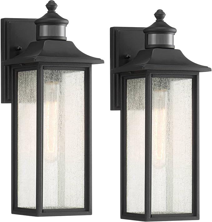 John Timberland Moray Bay Mission Outdoor Wall Light Fixtures Set of 2 Black Metal Motion Sensor 16 1/2" Seeded Glass Panels for Post Exterior Barn Deck House Porch Patio Garage Front Door