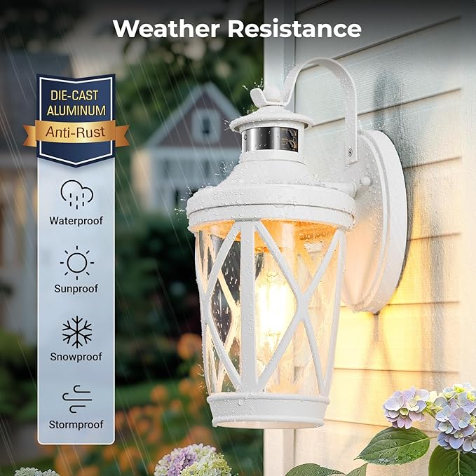 VIANIS Motion Sensor Outdoor Wall Light Fixtures, White Modern Front Porch Lights Wall Mount, Waterproof Anti-Rust Outdoor Lanterns Wall Sconce with Seeded Glass, Exterior Coach Light for Garage,Patio