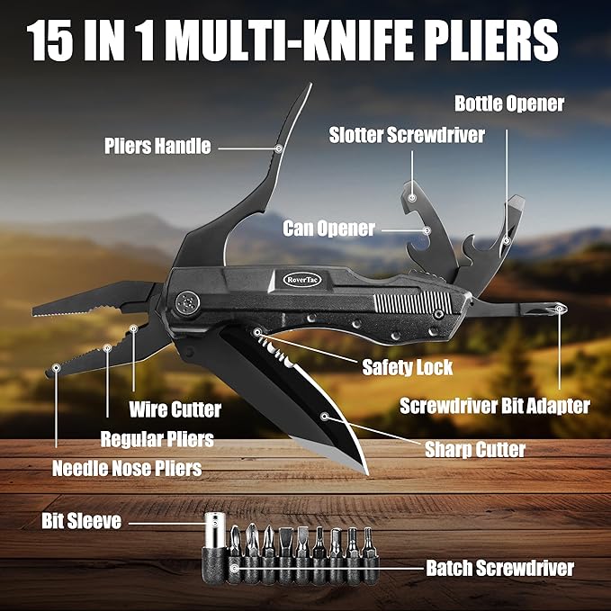 RoverTac Pocket Multitool Knife Multi Tool Set, 15-in-1 Multitool Knife, Tactical Pen with Glass Breaker, Emergency Whistle, Perfect for Camping Hiking Survival Fishing Car tool Kit, Gifts for Men