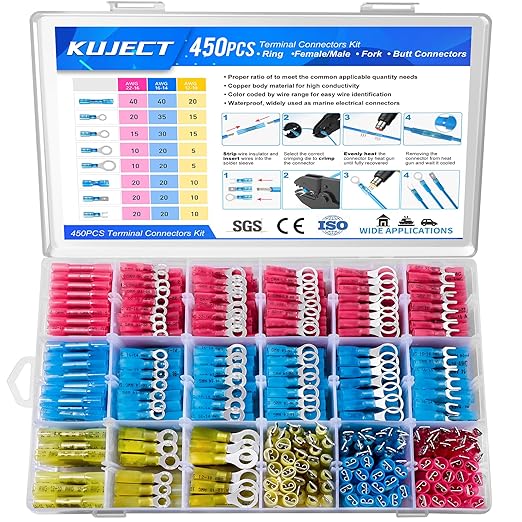 Kuject 450PCS Heat Shrink Wire Connectors, Multipurpose Waterproof Electrical Wire Terminals kit, Insulated Crimp Connectors Ring Fork Spade Butt Splices for Automotive Marine Boat Truck