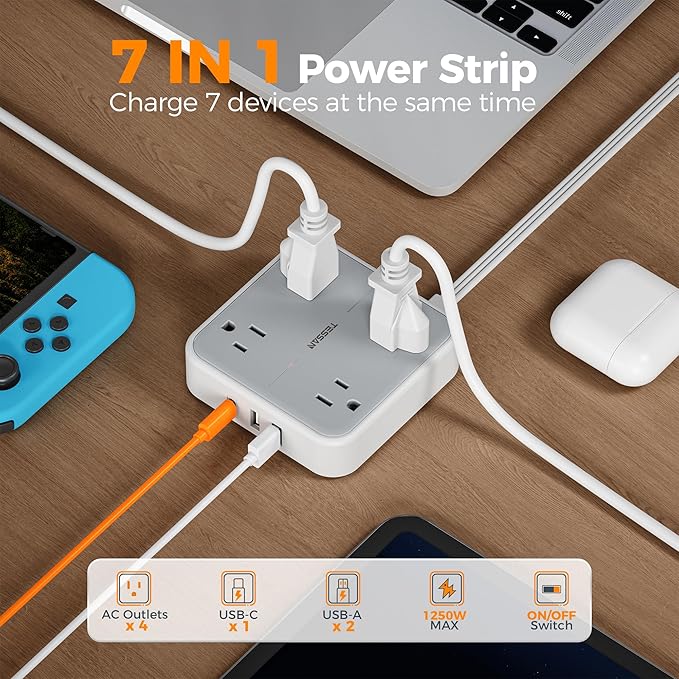 Surge Protector Long Extension Cord 25FT, TESSAN Flat Plug Power Strip with 4 Outlets 3 USB Ports (1 USB C), 900 Joules Protection, Multiple Wall Outlet Extender Suitable for Home Office Dorm, Grey