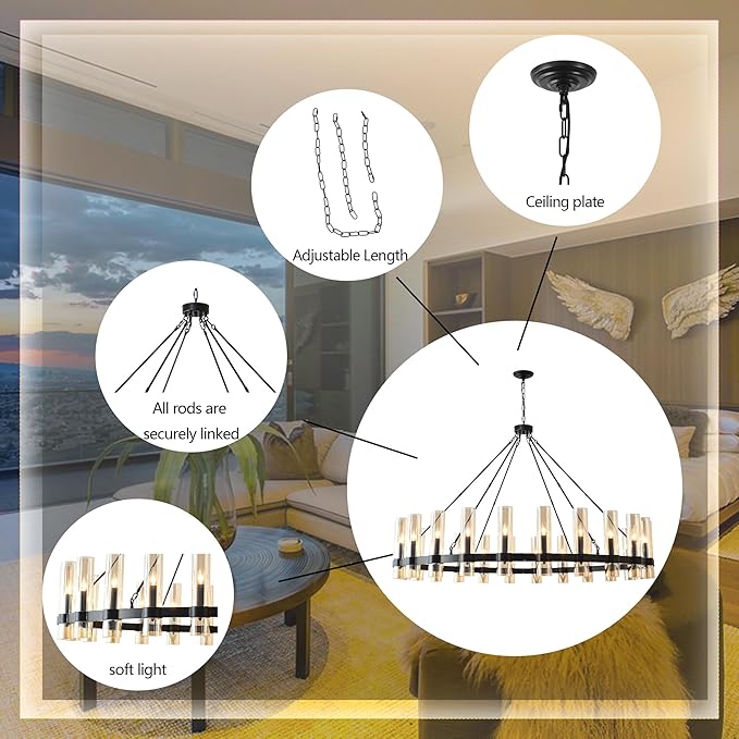 60 Inch Black Wagon Wheel Chandelier, 24 Lights, with Brown Glass Shade, Large Hanging High Ceilings Chandeliers for Dining Room Kitchen Foyer Entryway Living Room