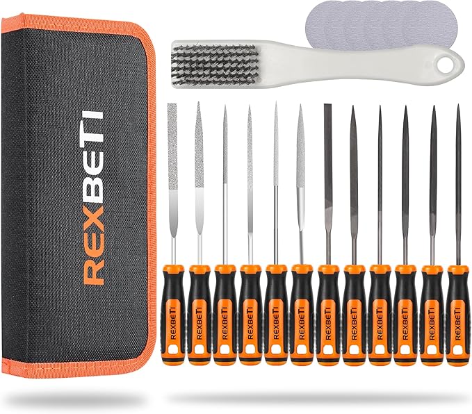 REXBETI 19Pcs Metal Needle File Set, Small Diamond Files, 12Pcs Jewlers Files and Steel Files for Precision Metal and Woodworking with 6Pcs Sandpaper, Metal Brush and Carry Case