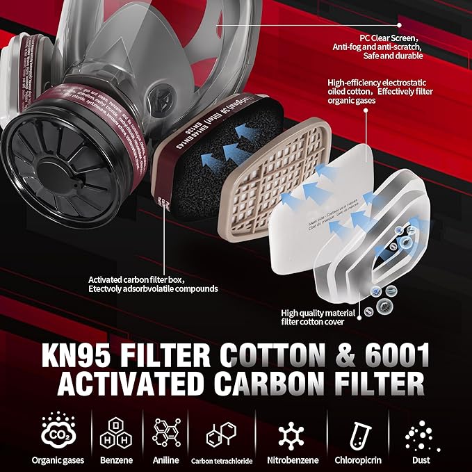 Gas Masks Survival Nuclear and Chemical - Reusable Full Face Respirator with Activated Carbon 40mm Filter, for Painting Welding Chemical Protection Mold Dust Epoxy Resin Woodworking 6800