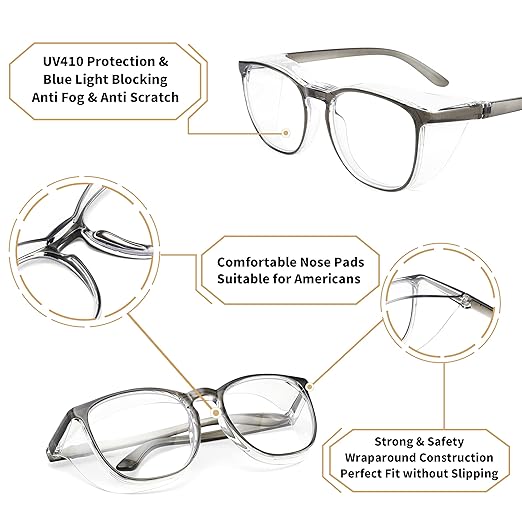 Alsenor Safety Glasses Anti Fog Goggles Protective Eyewear Blue Light Blocking Anti Dust UV Protection Glasses For Men Women (New-Grey)