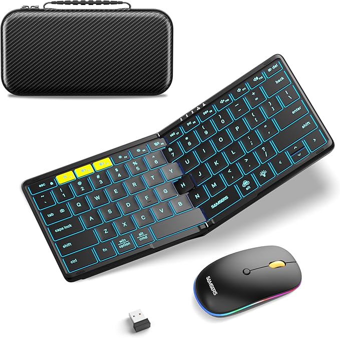 Foldable Keyboard and Mouse, Samsers KM08X Folding Bluetooth Keyboard Mouse Combo with Backlight, 2.4G + BT5.0 x 2, Full-Size Travel Keyboard & Portable Wireless Mouse for Windows iOS Mac OS Android
