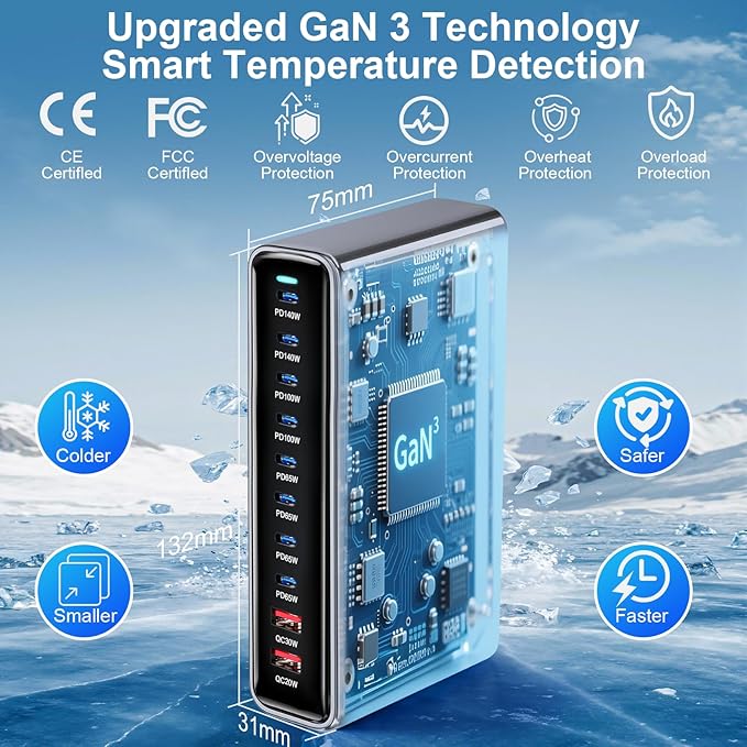 800W USB C Fast Charger Block,Dual PD 3.1 140W USB Charging Station, GaN Ⅲ Pro 10 Port PD PPS Fast Charging Station for Multiple Devices,Laptop Wall Charger Compatible with MacBook iPad iPhone 17 etc