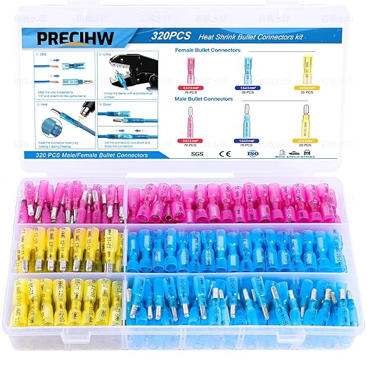 320PCS Heat Shrink Bullet Connectors kit, Male & Female Bullet Terminals, Insulated Waterproof Wire Connectors, Marine Grade Electrical Connectors