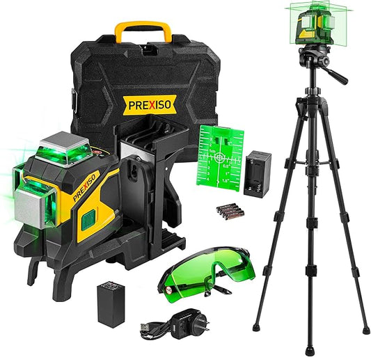 PREXISO Laser Level 3 X 360° Self Leveling with 47 In. Tripod, IP54 Rechargeable 100Ft Green Lazer Leveler Tool for Construction, Home Renovation with Magnetic Base, Battery Adapter, Case, Accessories