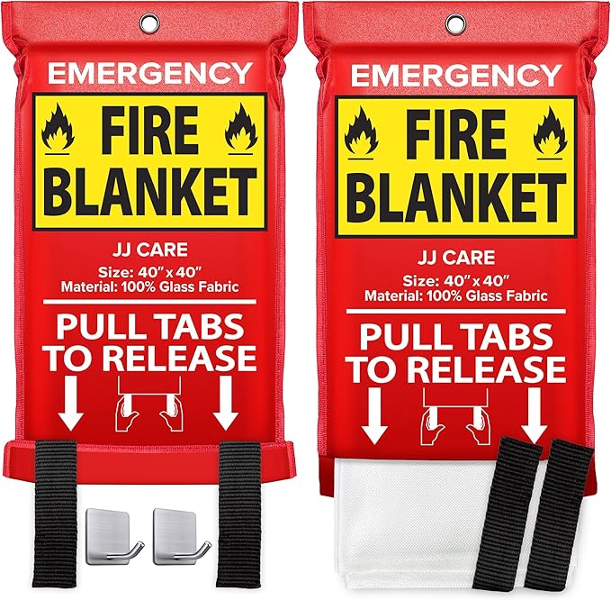JJ CARE Fire Blanket – 2 Packs with Hooks – Emergency Fire Blanket for Home & Kitchen, High Heat Resistant Fire Suppression Blankets for Home Safety, Kitchen, and Camping