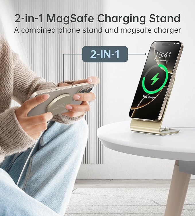 Magnetic Wireless Charger for iPhone 16/15/14/13/12 - Mag Charger+20W USB C Adapter, Fast Wireless Charging Stand/Pad with 5ft Cable for Phone 16/15/14/13/12 Pro Max Plus Mini, Gold