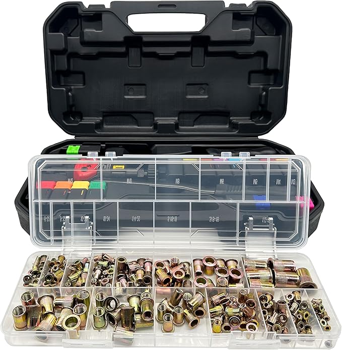16-Inch Rivet Nut Tool Rivet Nut Kit, with15 Metric and SAE Mandrels, 236Pcs Assorted Rivet Nuts, and Rugged Carrying Case