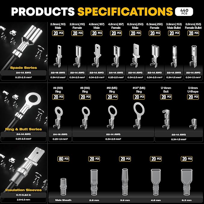 Spade Connector Kit, 14 Types Thick Tin-plated copper Wire Connector Kit with Crimping Tool for 24-14 AWG Spade Connector Crimper, Open Terminal Connector Crimping Tool Kit, Anti-oxidation