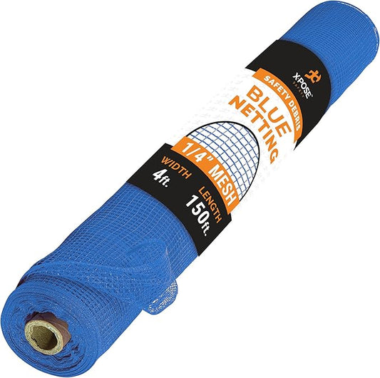 Construction Safety Debris Netting - 150 Ft Temporary Material Roll, 1/4" Mesh Scaffold Net Enclosure, Barricade, Visibility Barrier, Fencing Roll, Heavy Duty Fire Retardant 4 ft x 150 ft, Blue