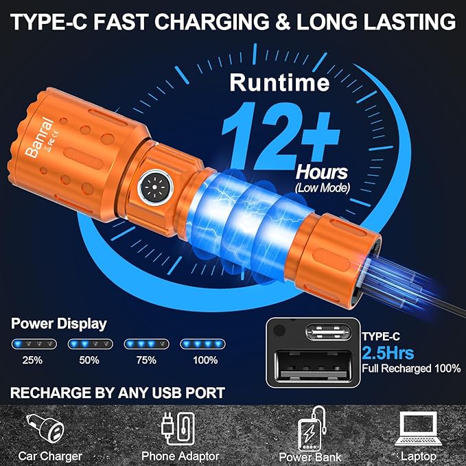 Flashlights High Lumens Rechargeable, Super Bright Long Range Small Powerful Flashlight, 6 Modes LED Tactical Pocket Waterproof Flash Light for Home Emergency (1, Orange)