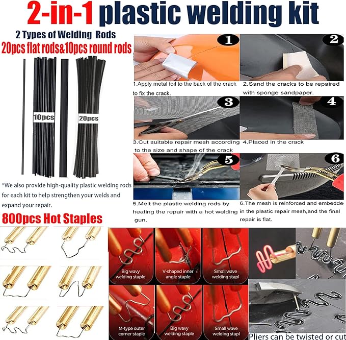 Upgraded 220W Plastic Welder Bumper Repair Kit,2-in-1 Plastic Welding Kit 800PCS Hot Staples & 30pcs Plastic Welding Rods,Hot Stapler Plastic Repair Kit for Car Bumper Kayak Crack Repairs(red)