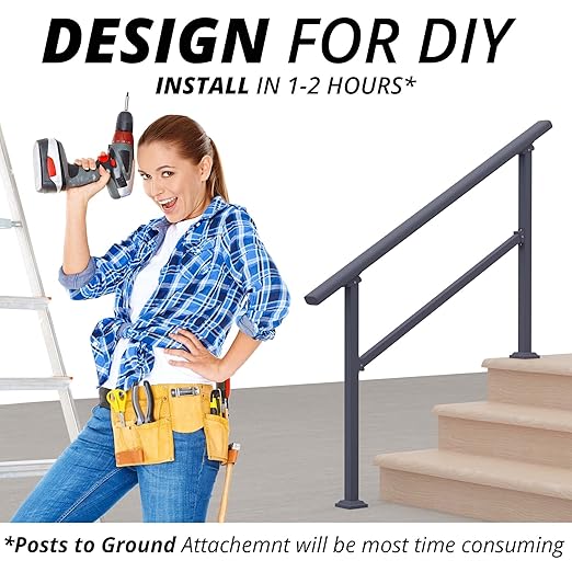 CHR Fence & Rail Hand Rails for Outdoor Steps, 6 Step Railing & Indoor Stair Railing Kit, Railings for Outdoor Steps and Hand Rails for Seniors for Porch Railing & Deck Hand Rail, 5-6 Step Handrail