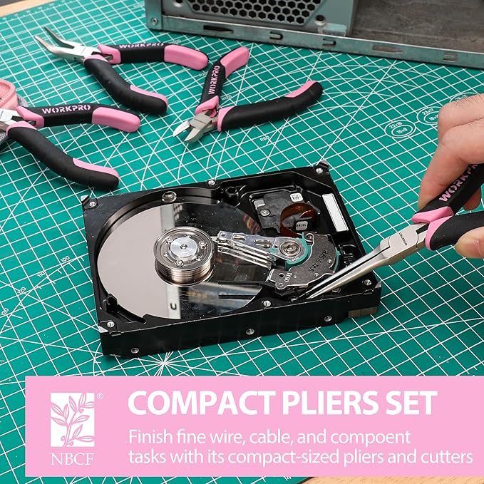 WORKPRO 33PCS Precision Repair Tool Set Includes Pliers Set, Screwdrivers Set, Craft & Utility Knife, Tweezers, Electronic Repair Tool Kit with Pouch for Laptops, Phones, Computer - Pink Ribbon