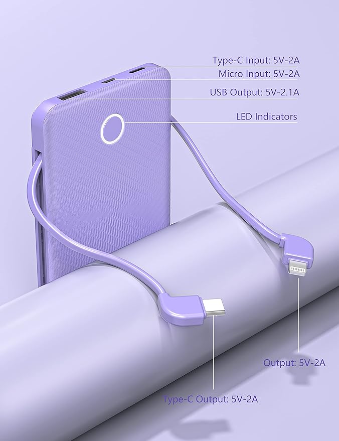 2-Pack 6000mah Ultra Slim Built in Cables Power Bank, Card Size Built in USB C Cords Battery Pack Portable Charger for Phones, 3 Output External Battery Pack Compatible with iPhone, White & Purple