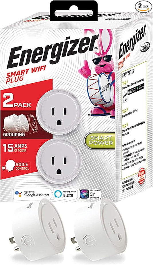 Energizer Connect Smart WiFi Plug 2 Pack, Mobile Connect App Enabled, Voice Controlled, Alexa, Echo, Siri, Hey Google Enabled, No Hub Required, Mini Outlet 15-Watt, 2.4GHz, ETL & FCC Certified