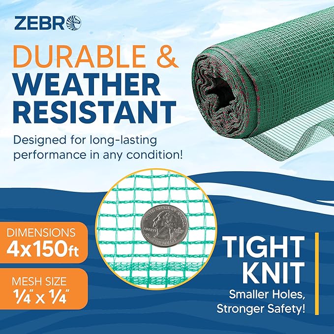 Fire Retardant Debris Safety Netting (8.6' x 150' - Green) - High Visibility Construction & Scaffolding & Railing & Elevator Netting for Enhanced Safety - Construction Fencing