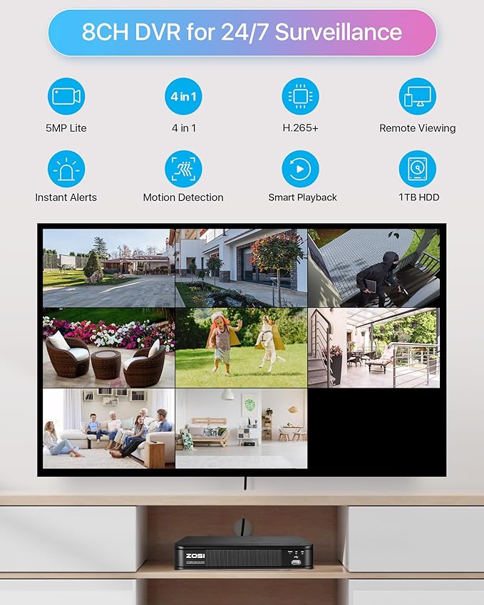 ZOSI 3K Lite Home Security Camera System with AI Human Vehicle Detection, 8CH DVR Recorder and 6 x 1080p Wired CCTV Bullet Cameras Outdoor Indoor, 80ft Night Vision, Remote Access (1TB Hard Drive)