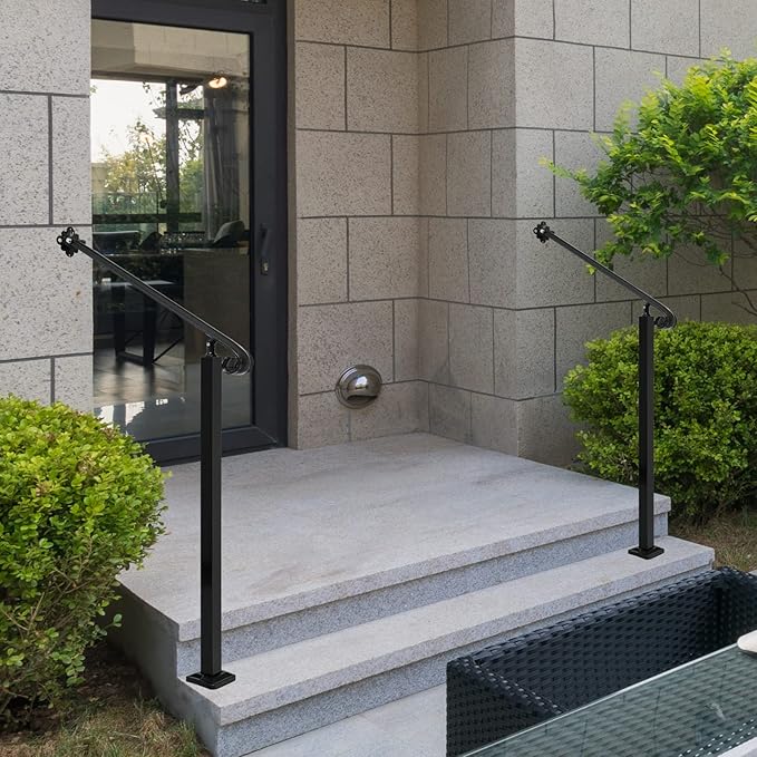 Adjustable Handrail 1-2 Step, Wall&Floor Mounted Wrought Iron Handrails, Handrails for Outdoor Steps, Stair Rail with Installation Kit Hand Rail, Black