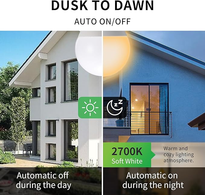 Dimmable Dusk to Dawn Light Bulbs Outdoor, Automatic Light Sensing Bulb, 1000LM, 75W Equivalent, Soft White 2700K, LED 12W, A19 E26 Base, 2-Pack, HQ-H030