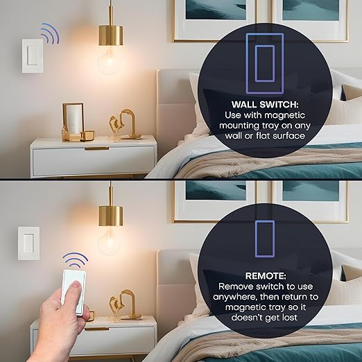 RunLessWire 3-Way Detachable Battery-Free Wireless Light Switch Kit 150ft RF Range for DIY Home Electrical Projects: 2 Removable Magnetic Remote Switches Control 1 5A On/Off Receiver - White