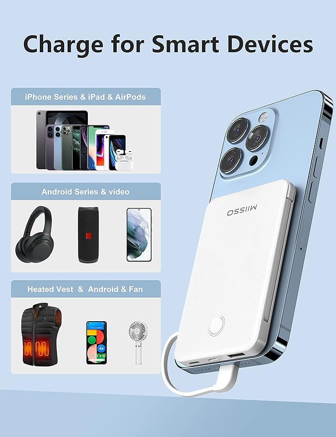 2-Pack 6000mah Ultra Slim Built in Cables Power Bank, Card Size Built in USB C Cords Battery Pack Portable Charger for Phones, 3 Output External Battery Pack Compatible with iPhone, White & Purple