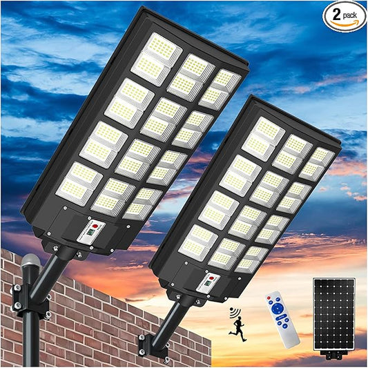 Solar Flood Lights Outdoor Waterproof, 9000W Solar Street Light with Motion Sensor Dusk to Dawn Commercial Parking Lot Light 2 Pack