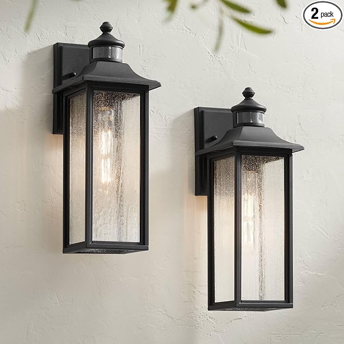 John Timberland Moray Bay Mission Outdoor Wall Light Fixtures Set of 2 Black Metal Motion Sensor 16 1/2" Seeded Glass Panels for Post Exterior Barn Deck House Porch Patio Garage Front Door