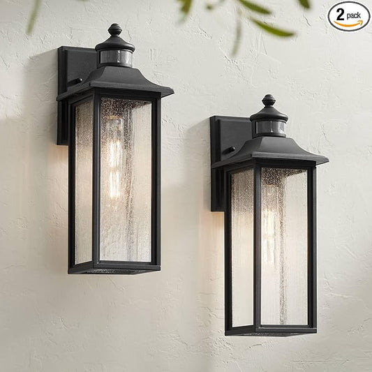 John Timberland Moray Bay Mission Outdoor Wall Light Fixtures Set of 2 Black Metal Motion Sensor 16 1/2" Seeded Glass Panels for Post Exterior Barn Deck House Porch Patio Garage Front Door