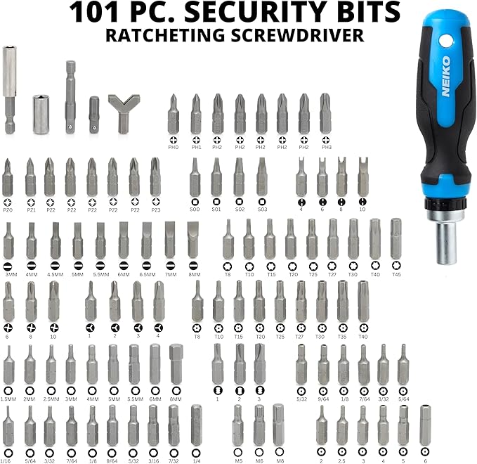 NEIKO 10082A Security Bit Set and Ratcheting Screwdriver | 101 Piece Set | Chrome Vanadium Steel | Screwdriver Bit Set Phillips, Tamperproof Torx Bits, & Flat | 1/4" Hex Shank Magnetic Bit Holder