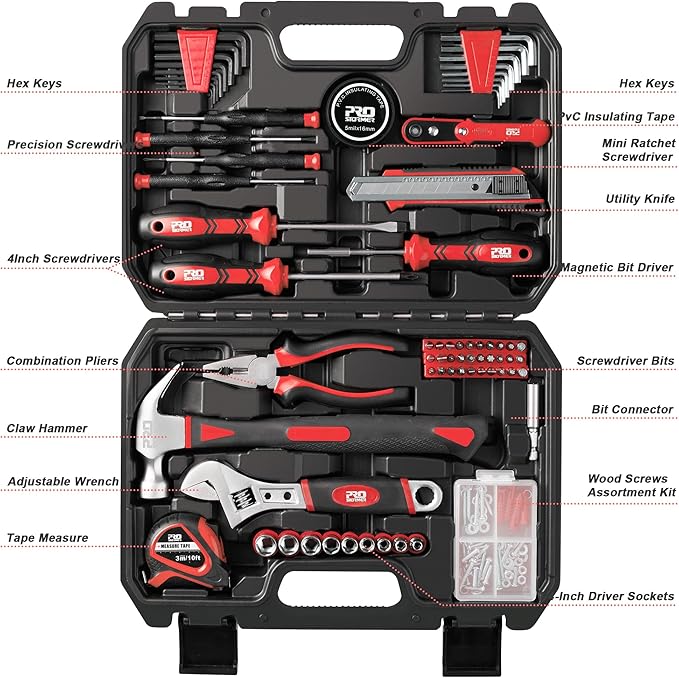Prostormer 160-Piece Home Repair Tool Set, General Household Hand Tool Kit with Toolbox Storage Case for House, Garage, College Dorm and Office (Red)