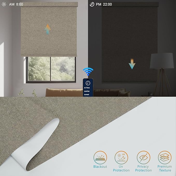 Motorized Blinds with Remote, Blackout Smart Roller Blinds Compatible with Apple Homekit Google Home and Alexa, Automatic Window Blinds Customize, Coffee