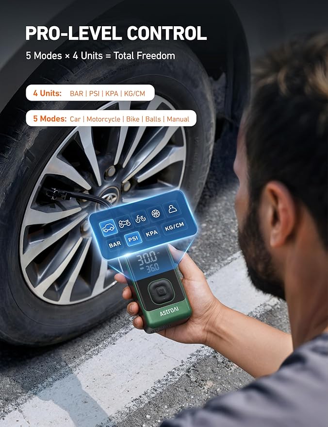 AstroAI L7 Air Tire Inflator Portable Air Compressor, 150PSI Electric Cordless Pump with Fast 1-min Inflation, Auto Shutoff, LED Light – Rechargeable for Car, SUV, Motorcycle, Bike Tires (Green)