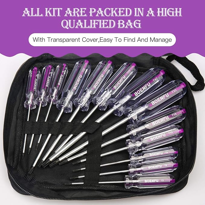 BOENFU Torx Star Screwdriver Set 13 PCS Heavy Duty T10 T20 Torx Security Screwdriver, T5 T15 T6 T8 T25 T30 T7 T27 T40 T9 T4 Star Shaped Drivers Set Fit Tamper Proof Screw, Purple